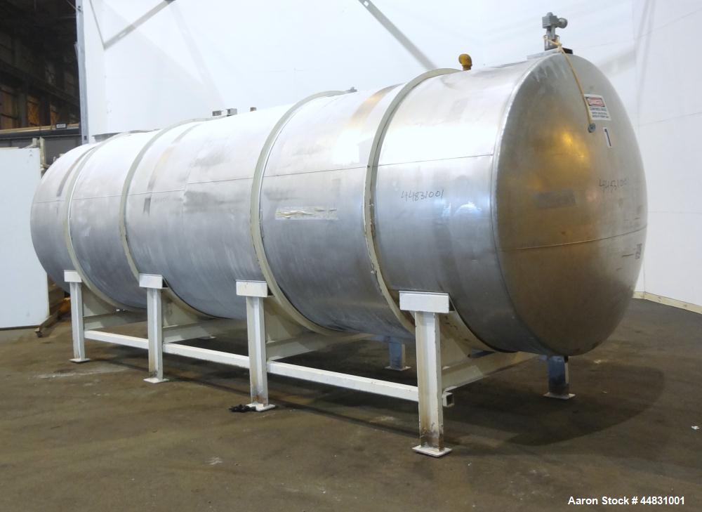 Used Perry Products Tank, 4700 Gallon, 304 Stainless Steel, Horizontal. Approximately 76" diameter x 240" straight side, dished ends.  End top mounted air operated agitator with blades.  Openings:  t...