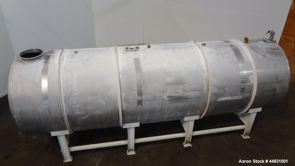 Used Perry Products Tank, 4700 Gallon, 304 Stainless Steel, Horizontal. Approximately 76" diameter x 240" straight side, dished ends.  End top mounted air operated agitator with blades.  Openings:  t...