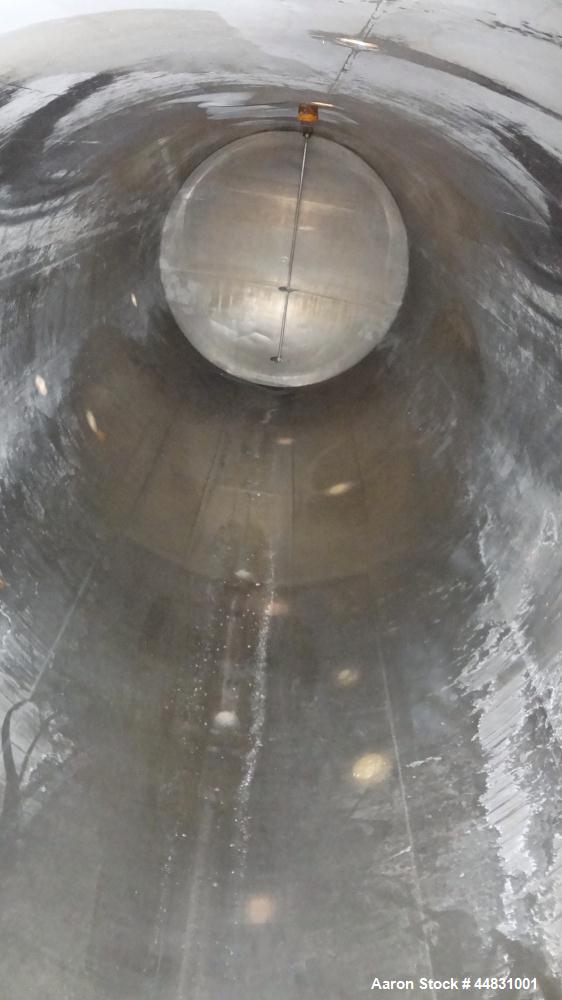 Used Perry Products Tank, 4700 Gallon, 304 Stainless Steel, Horizontal. Approximately 76" diameter x 240" straight side, dished ends.  End top mounted air operated agitator with blades.  Openings:  t...
