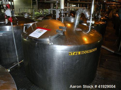Used Perry Products Tank, 2000 Gallon, 304 stainless steel, vertical. 76" diameter x 106" straight side, dished top and bottom. Openings: top (2) 3" tri-clamp, 4" vent, 8" drive (capped), (2) 24" man...
