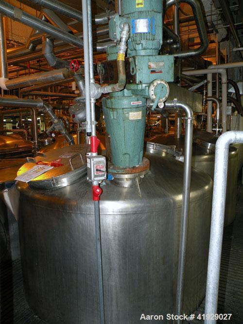 Used Perry Products Tank, 2000 Gallon, 304 stainless steel, vertical. 76" diameter x 106" straight side, dished top and bottom.  Off center top entering angled Lightnin manual variable speed agitator...