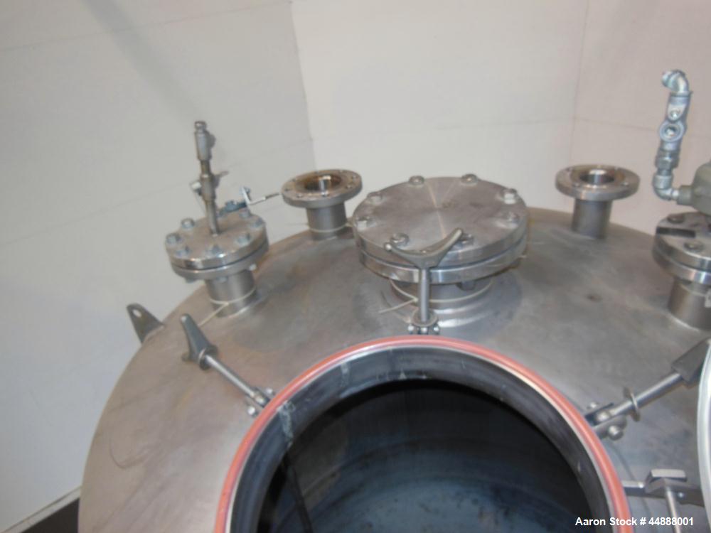 Used Precision Stainless Pressure Tank, 1000 Gallon, 304L Stainless Steel, Vertical. 66" Diameter x 60" straight side, dished top and bottom. Internal rated 25 psi at -20 to 350 degrees F., vacuum de...