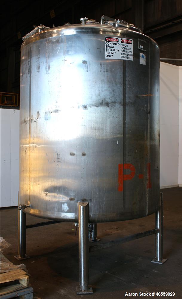 Used Precision Stainless Mixing Tank, 1,500 Gallon, 316 Stainless Steel, Vertical. Approximate 74" diameter x 80" straight side. Dished top, cone Bottom. Top entering Lightnin agitator, model N33G 30...