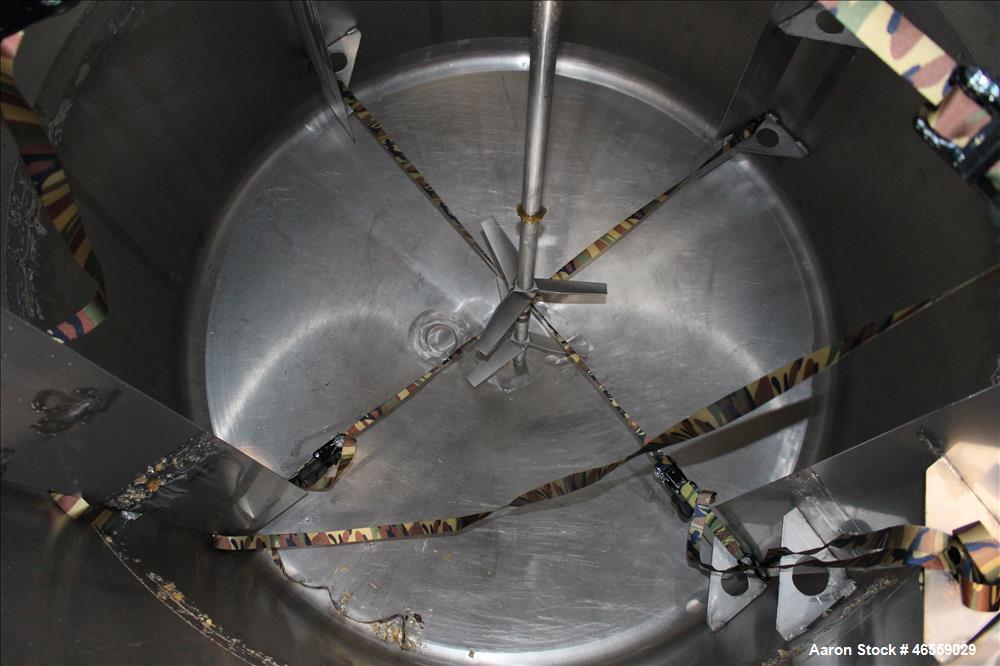 Used Precision Stainless Mixing Tank, 1,500 Gallon, 316 Stainless Steel, Vertical. Approximate 74" diameter x 80" straight side. Dished top, cone Bottom. Top entering Lightnin agitator, model N33G 30...