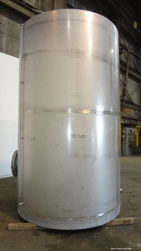 Used REC Industries Tank, 3965 Gallon, 304 Stainless Steel, Vertical, Model 3000.90.144.S.T4.  Approximately 90" diameter x 144" straight side, cone top, flat bottom.  Openings:  top 3-1/2" threaded,...