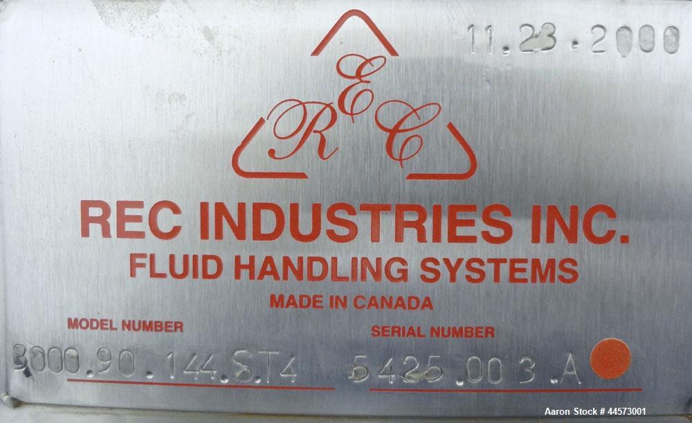 Used REC Industries Tank, 3965 Gallon, 304 Stainless Steel, Vertical, Model 3000.90.144.S.T4.  Approximately 90" diameter x 144" straight side, cone top, flat bottom.  Openings:  top 3-1/2" threaded,...