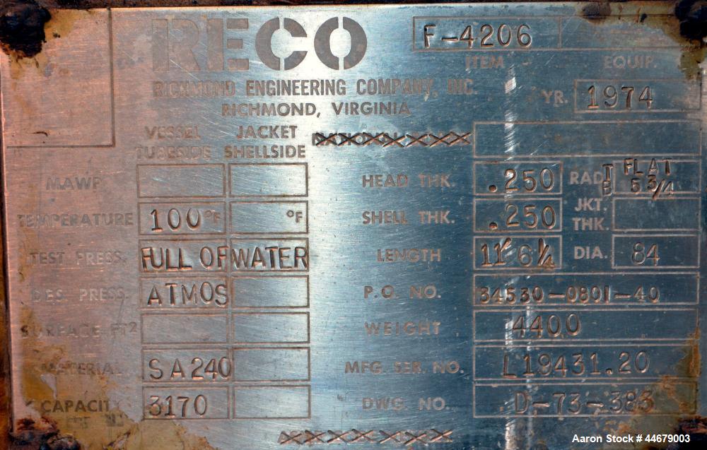 Used RECO Richmond Engineering Company Tank, 3170 Gallon, 304 Stainless Steel, Vertical. Approximate 84" diameter x 122" straight side, flat top with a 1/4 hinged cover, dished bottom. Internal rated...