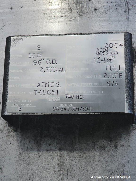 Used Industrial 96" Diameter Reco USA 304 Stainless Steel 2,700 Gallon Vertical