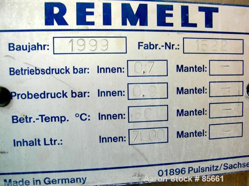 USED: Reimelt pressure tank, 1849 gallon (7000 liter), 304 stainless steel, vertical. 64" diameter x 138" straight side, dished top, coned bottom. Internal rated 13 psi at 122 deg F. (6) Side enterin...