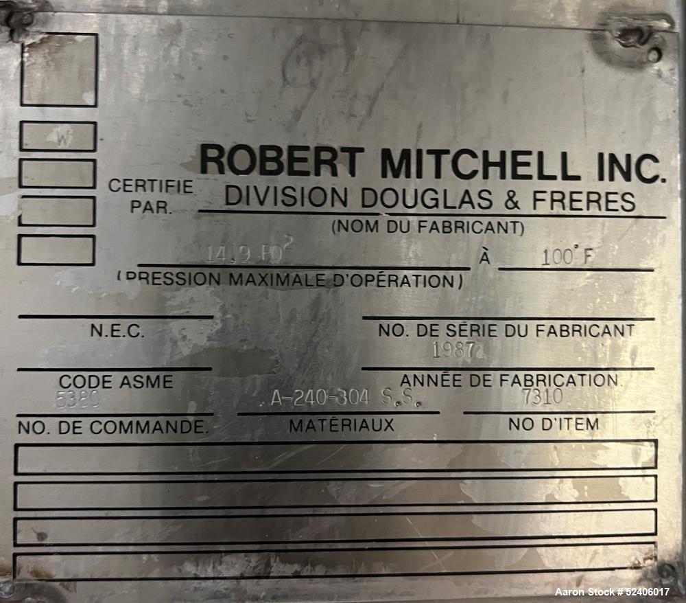 Used Robert Mitchell Jacketed Tank, Approximate 1150 Gallon, 304 Stainless Steel