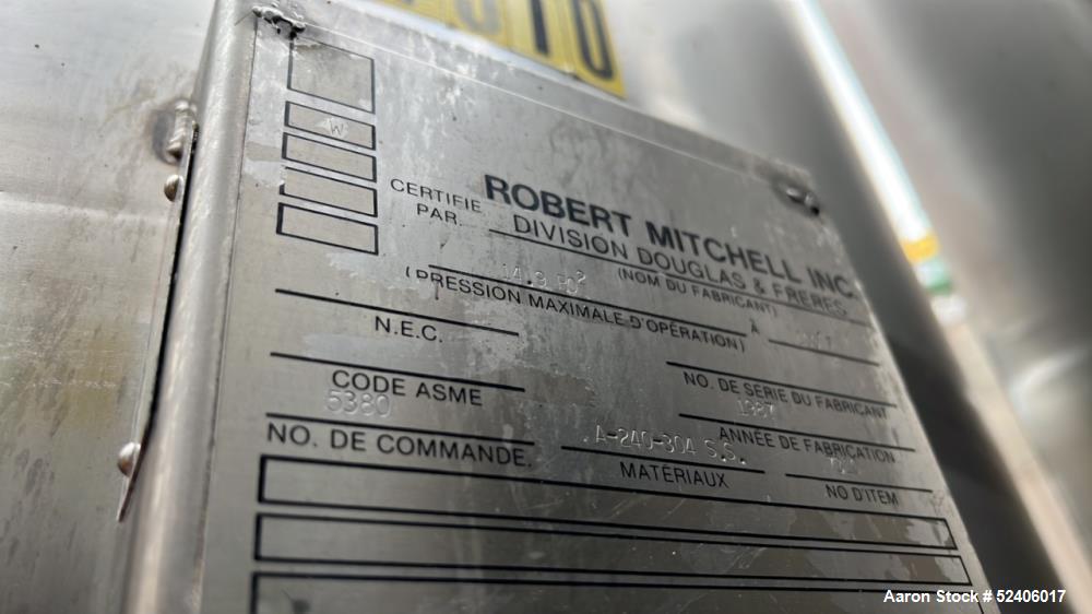 Used Robert Mitchell Jacketed Tank, Approximate 1150 Gallon, 304 Stainless Steel