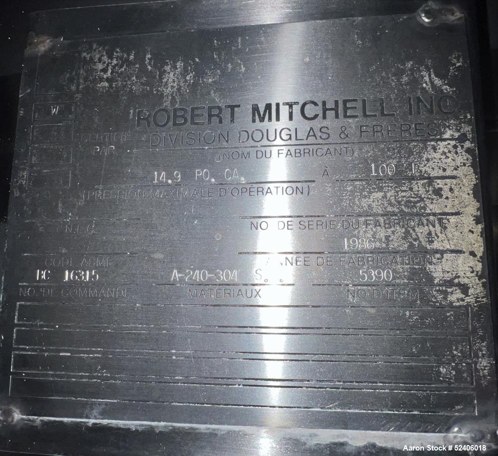 Used Robert Mitchell Jacketed Tank, Approximate 1150 Gallon, 304 Stainless Steel