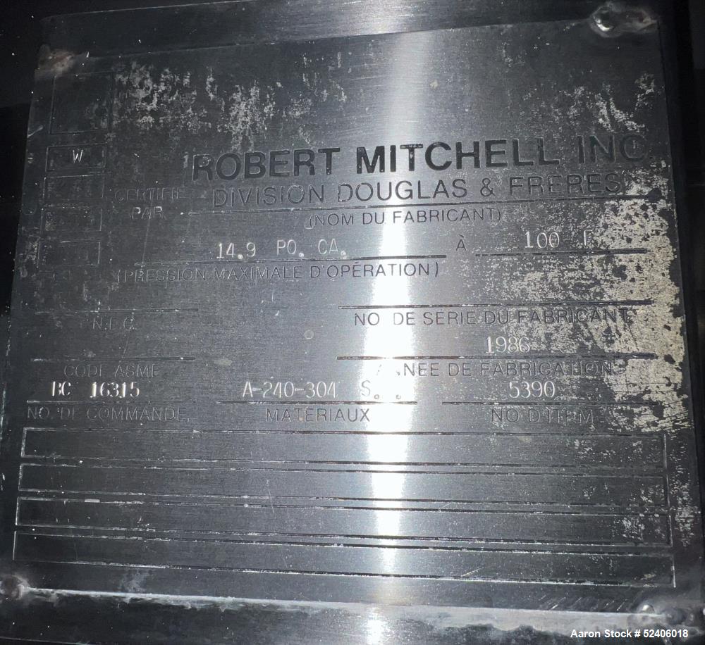 Used-Robert Mitchell Jacketed Tank, Approximate 1150 Gallon, 304 Stainless Steel