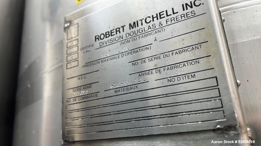 Used Robert Mitchell Jacketed Tank, Approximate 1150 Gallon, 304 Stainless Steel