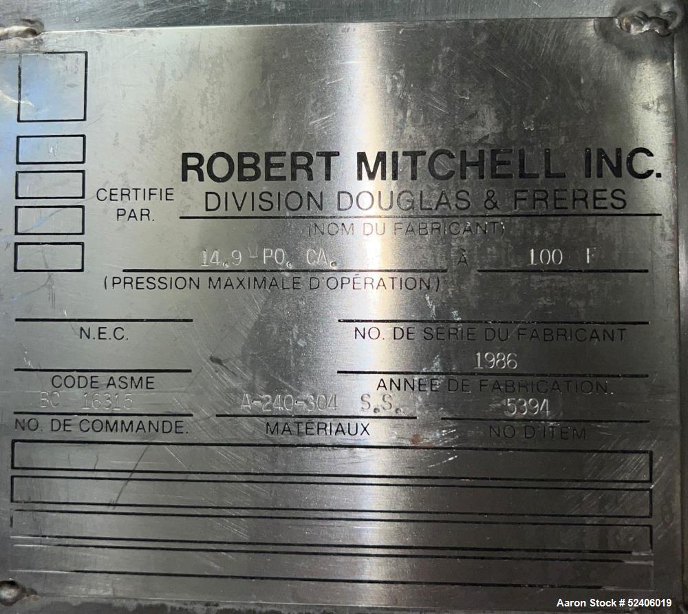 Used Robert Mitchell Jacketed Tank, Approximate 1150 Gallon, 304 Stainless Steel