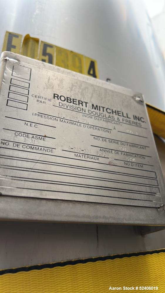 Used Robert Mitchell Jacketed Tank, Approximate 1150 Gallon, 304 Stainless Steel