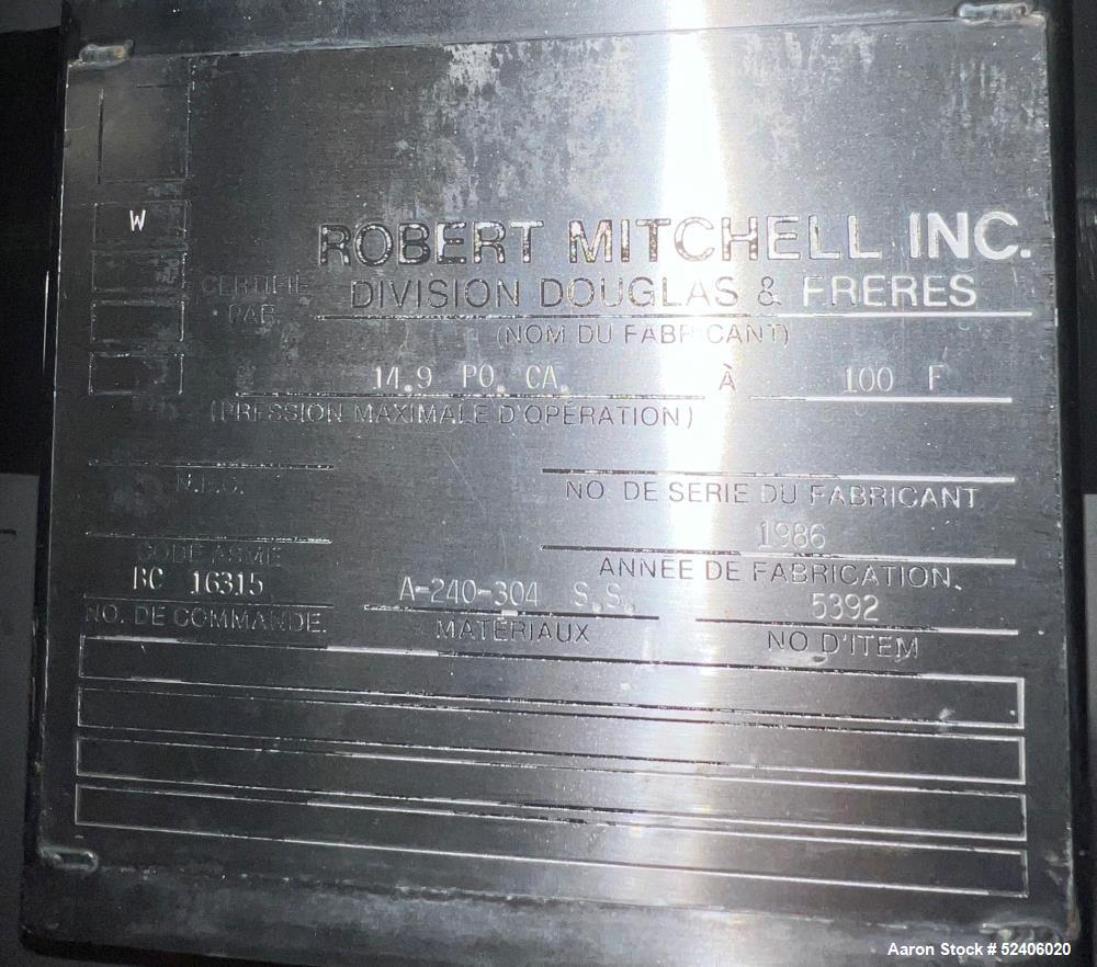 Used Robert Mitchell Jacketed Tank, Approximate 1150 Gallon, 304 Stainless Steel
