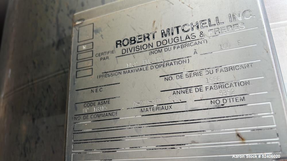 Used Robert Mitchell Jacketed Tank, Approximate 1150 Gallon, 304 Stainless Steel