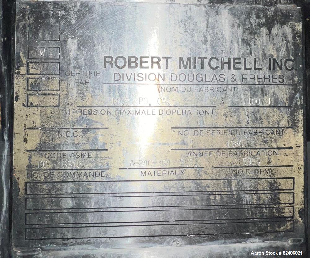 Used Robert Mitchell Jacketed Tank, Approximate 1150 Gallon, 304 Stainless Steel