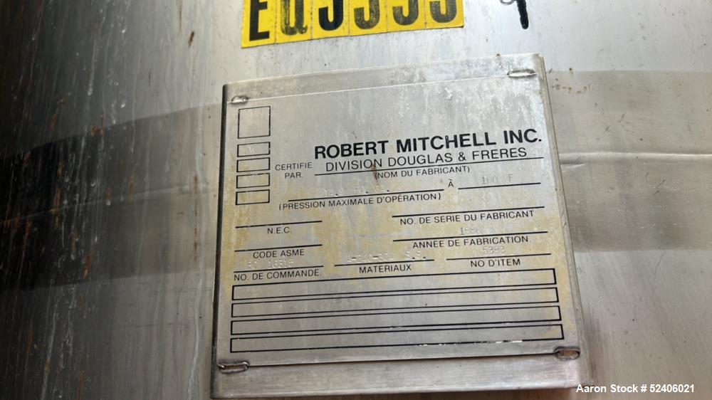 Used Robert Mitchell Jacketed Tank, Approximate 1150 Gallon, 304 Stainless Steel