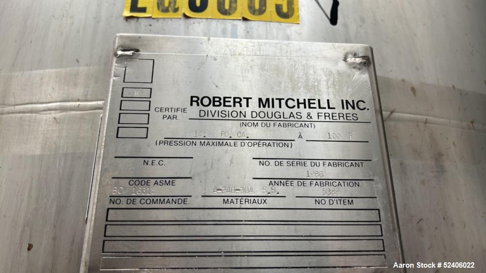 Used Robert Mitchell Jacketed Tank, Approximate 1150 Gallon, 304 Stainless Steel