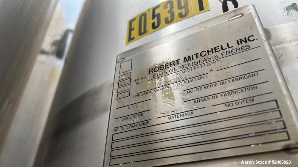 Used Robert Mitchell Jacketed Tank, Approximate 1150 Gallon, 304 Stainless Steel