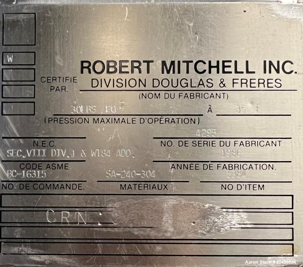 Used Robert Mitchell Balance Jacketed Tank, Approximate 1700 Gallon, 304 Stainle