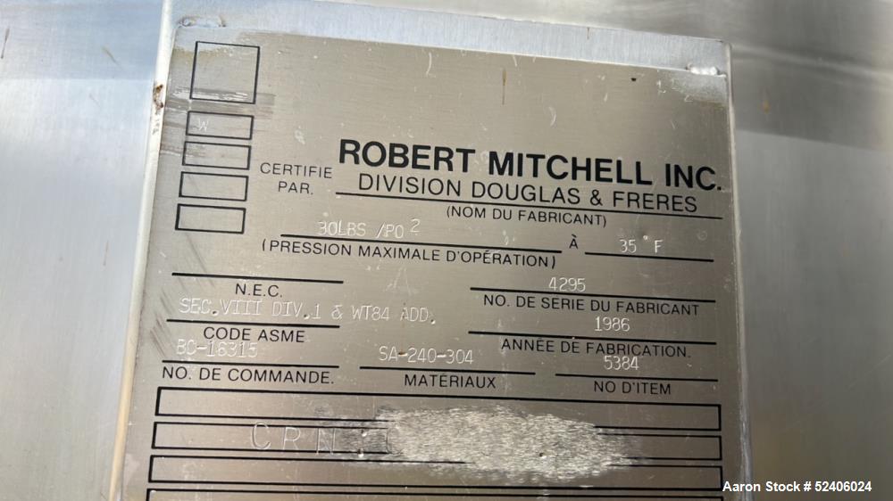 Used Robert Mitchell Balance Jacketed Tank, Approximate 1700 Gallon, 304 Stainle