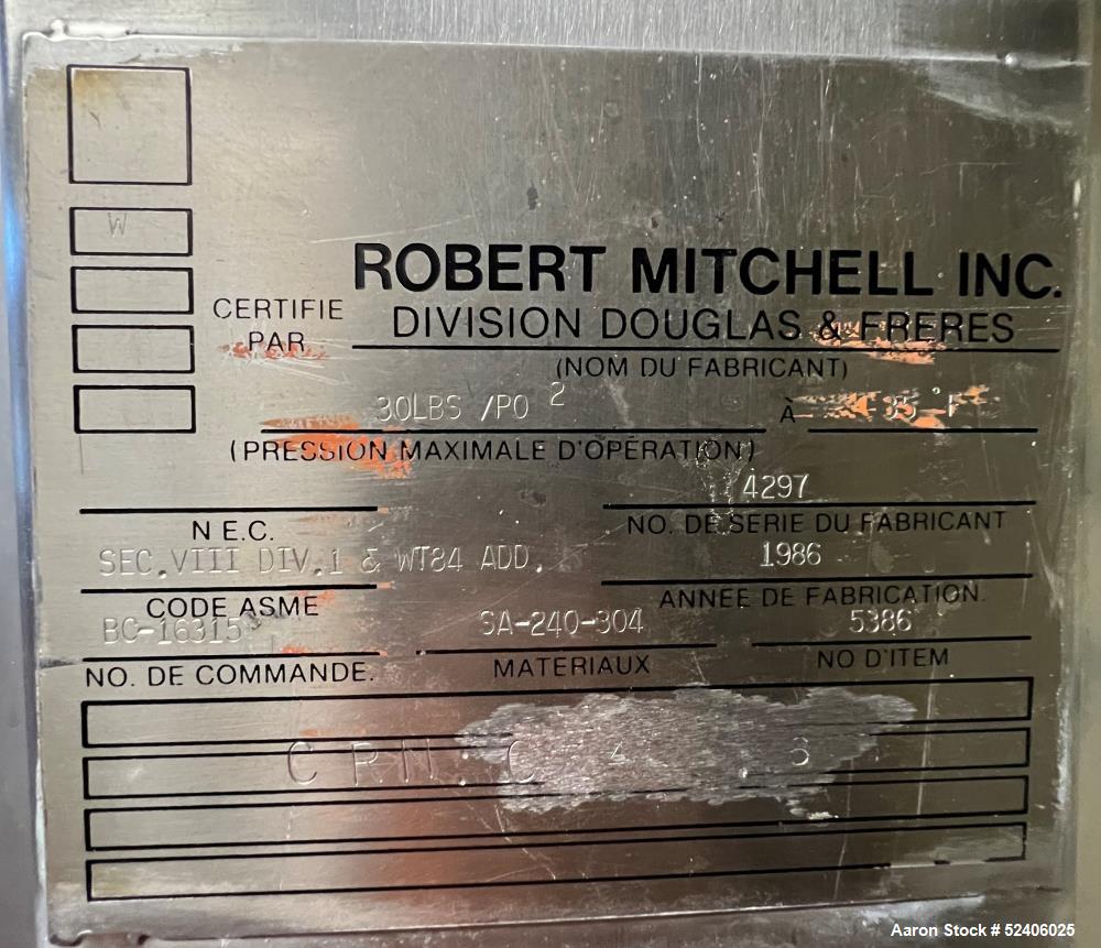 Used Robert Mitchell Balance Jacketed Tank, Approximate 1700 Gallon, 304 Stainle