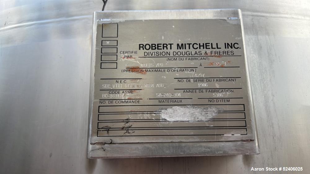 Used Robert Mitchell Balance Jacketed Tank, Approximate 1700 Gallon, 304 Stainle