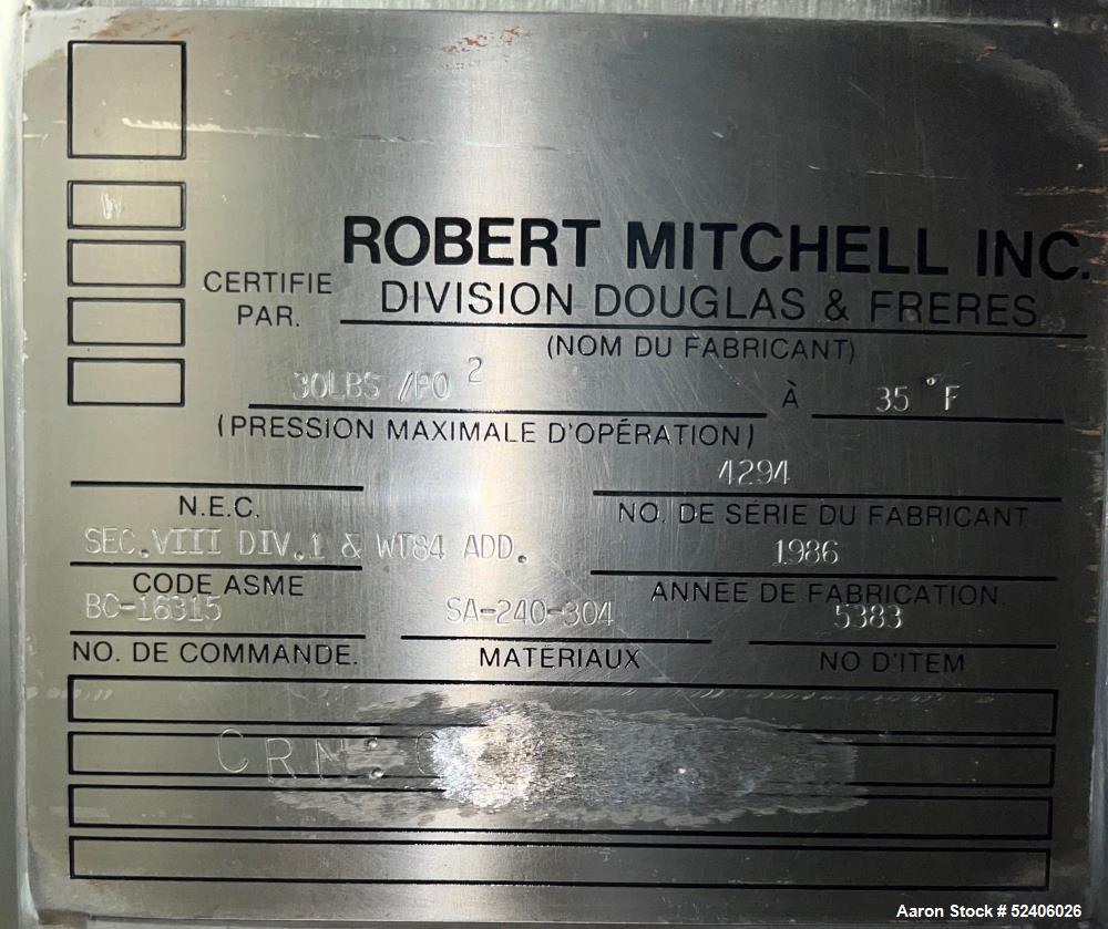 Used Robert Mitchell Balance Jacketed Tank, Approximate 1700 Gallon, 304 Stainle