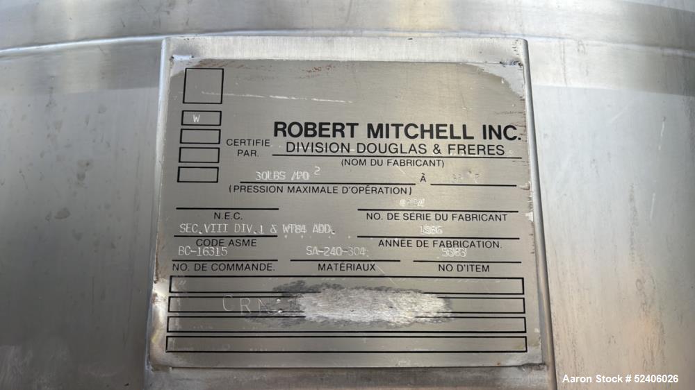 Used Robert Mitchell Balance Jacketed Tank, Approximate 1700 Gallon, 304 Stainle