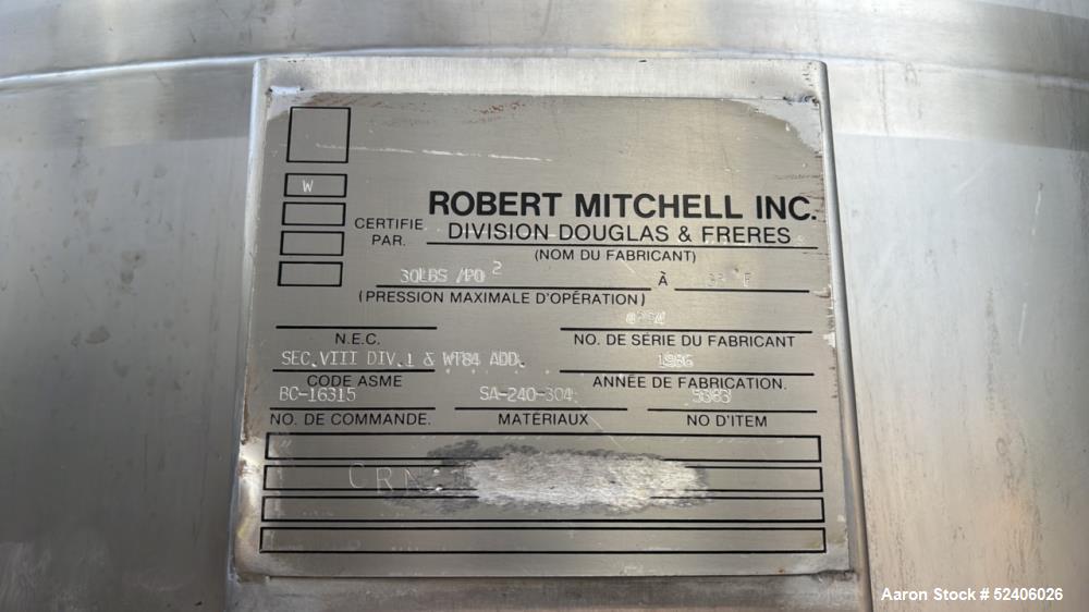 Used-Robert Mitchell Balance Jacketed Tank, Approximate 1700 Gallon, 304 Stainle