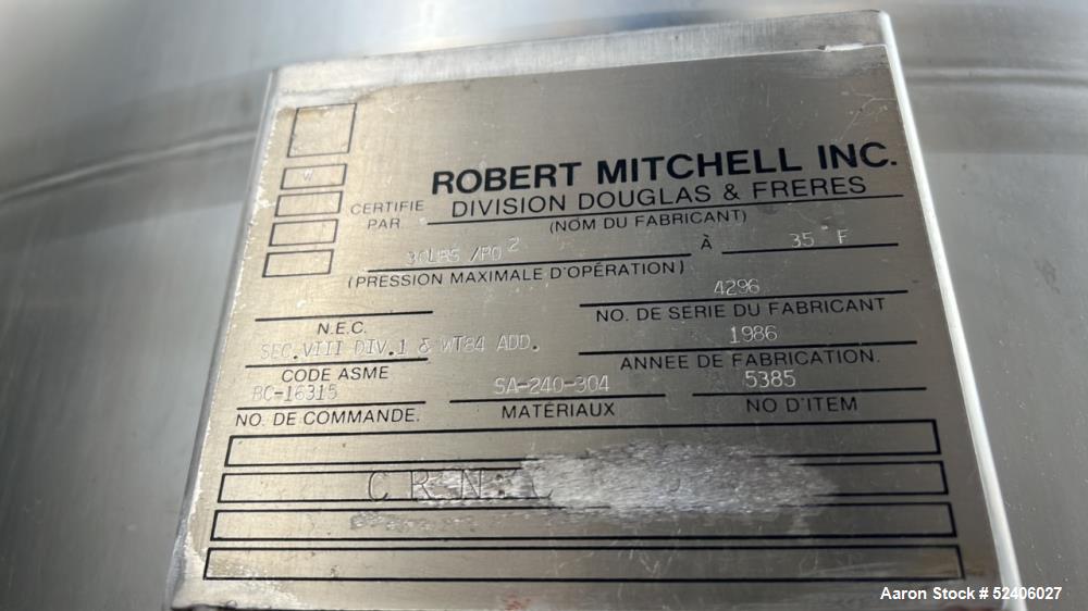 Used Robert Mitchell Balance Jacketed Tank, Approximate 1700 Gallon, 304 Stainle
