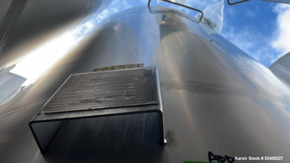 Used Robert Mitchell Balance Jacketed Tank, Approximate 1700 Gallon, 304 Stainle