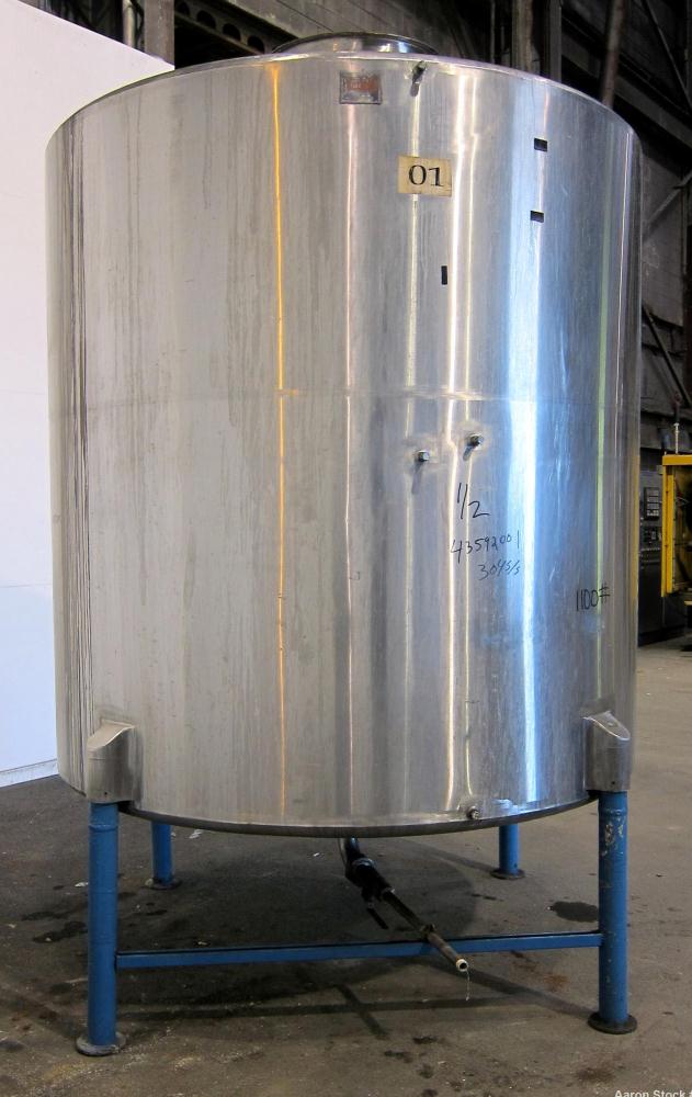 Used San-I-Tank, 2000 Gallon, 304 Stainless Steel, Vertical. 84” Diameter x 84” straight side, flat welded top, coned bottom. Lightnin clamp on agitator, model D-3. Approximate 1” diameter shaft with...