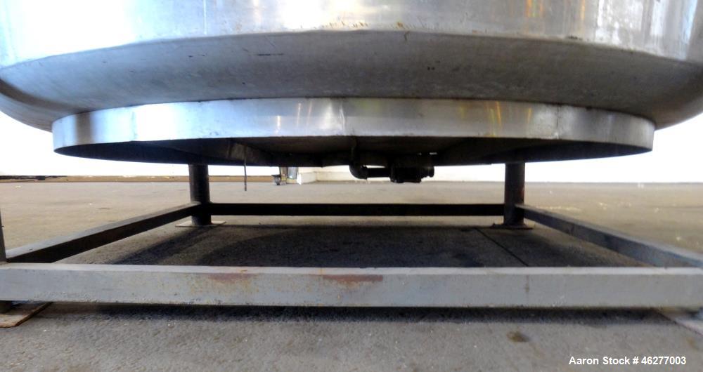 Used Tank, Approximately 1,000 Gallons, 304 Stainless Steel, Vertical. Approximately 62" diameter x 79" straight side. Flat top, sloped bottom. 1-1/2" Off-center bottom outlet. Mounted on (4) legs.