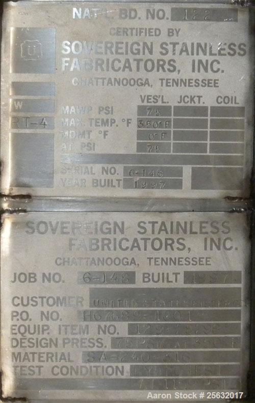 Used Sovereign Stainless Fabricators Pressure Tank, 3500 gallon, 316 stainless steel, vertical. Approximate 84" diameter x 141" straight side, dish top and bottom. Internal rated 75 psi at 350 deg F....