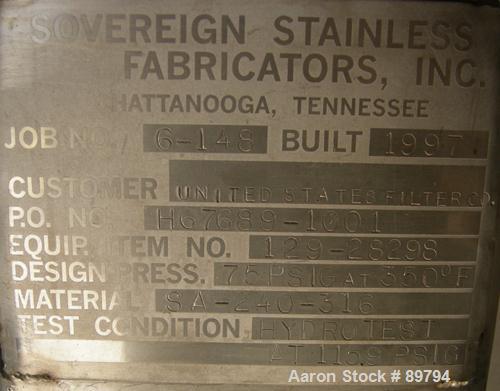 USED: Sovereign Stainless Fab Inc approximately 3750 gallon, 316 stainless steel, pressure tank. Vertical, dished heads, approximate 7' diameter x 12' straight side. Internal rated 75 psi @ 350 deg F...