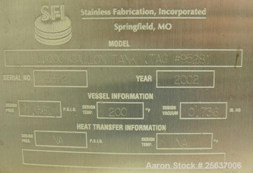 Used Stainless Fabrication Tank, 1,000 Gallon, 316L Stainless Steel, Vertical. 60" diameter x 84" straight side, dished top and bottom. Internal rated to 200 deg F. Openings: top 1-1/2" tri-clamp, (2...