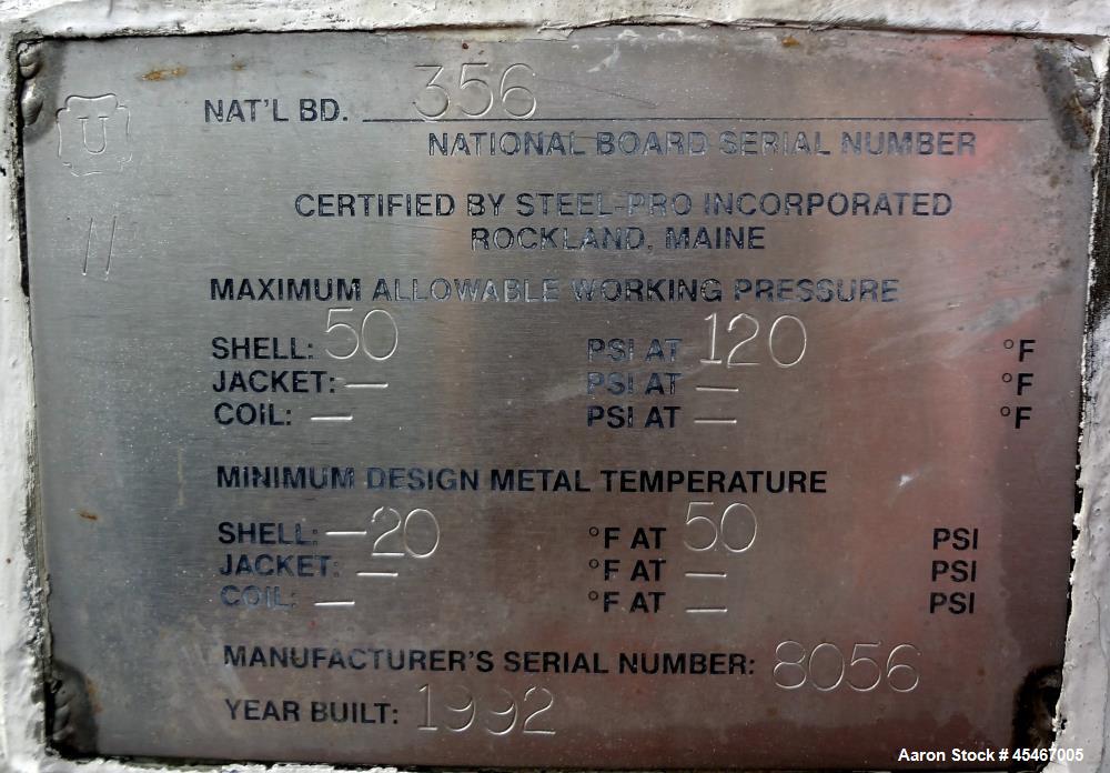 Used 1500 Gallon Stainless Steel Steel-Pro Pressure Tank