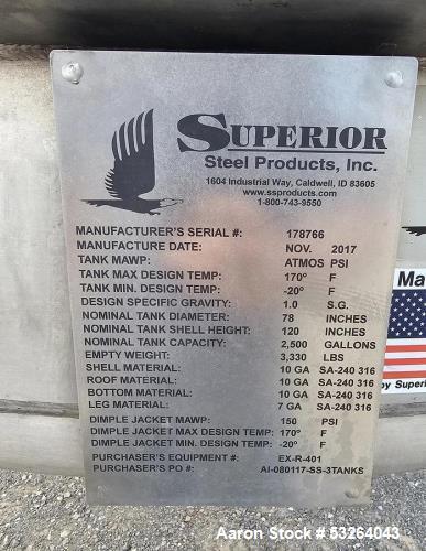 Used 2500 Gallon Superior Steel Jacketed Mixing Tank – Dual Turbine Agitation, 150 PSI Jacket (2017)