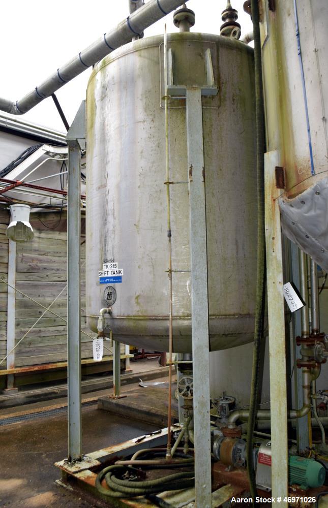 Used TPI Industrial Tank, Approximate 1500 Gallon, Stainless Steel, Vertical. Approximate 72" Diameter x 80" straight side, dished top and bottom. Sidewall baffles, top man way, center bottom outlet....
