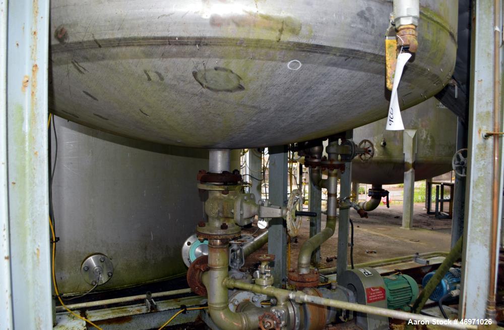 Used TPI Industrial Tank, Approximate 1500 Gallon, Stainless Steel, Vertical. Approximate 72" Diameter x 80" straight side, dished top and bottom. Sidewall baffles, top man way, center bottom outlet....