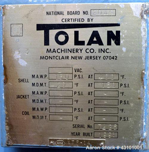 Used Tolan Machinery Pressure Tank, 1500 Gallon, 316 Stainless Steel, Vertical. 78’’ Diameter x 72’’ straight side, dished top and bottom.Internal rated 150 psi at -20 to 400 degrees F.Openings:top 2...