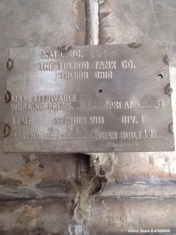 Used Toledo Tank, Approximately 2,600 Gallon, 304 Stainless Steel, Vertical. Approximate 72” diameter x 135” straight side. Internal rated 30 psi at 375 degrees F. 5/16" Wall thickness. Includes a 1/...