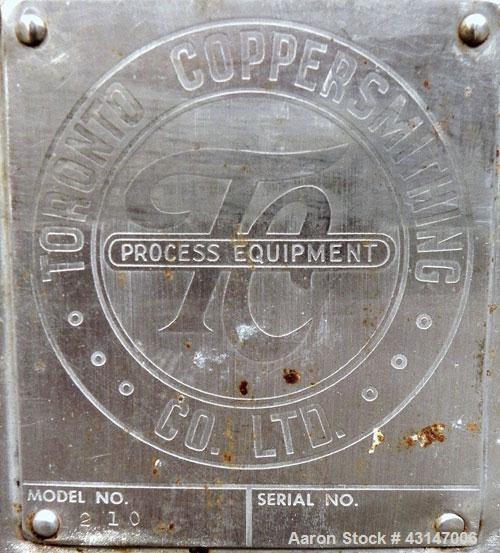 Used Toronto Coppersmithing Tank, 2400 Gallon, 304 Stainless Steel, Vertical. 96’’ Diameter x 72’’ straight side. Flat welded top, coned bottom. Top entering Lightnin agitator, model 119-RELB-32, app...