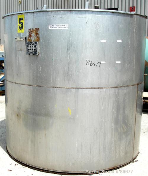 USED: Toronto Coppersmithing Company tank, 1900 gallon, 304 stainless steel, vertical. 84" diameter x 80" straight side. Flat top with 1/3 hinged cover, flat bottom. Carbon steel agitator bridge. Off...