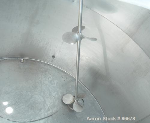 USED: Toronto Coppersmithing Company tank, 1900 gallon, 304 stainless steel, vertical. 84" diameter x 80" straight side. Flat top with 1/3 hinged cover, flat bottom. Carbon steel agitator bridge. Off...