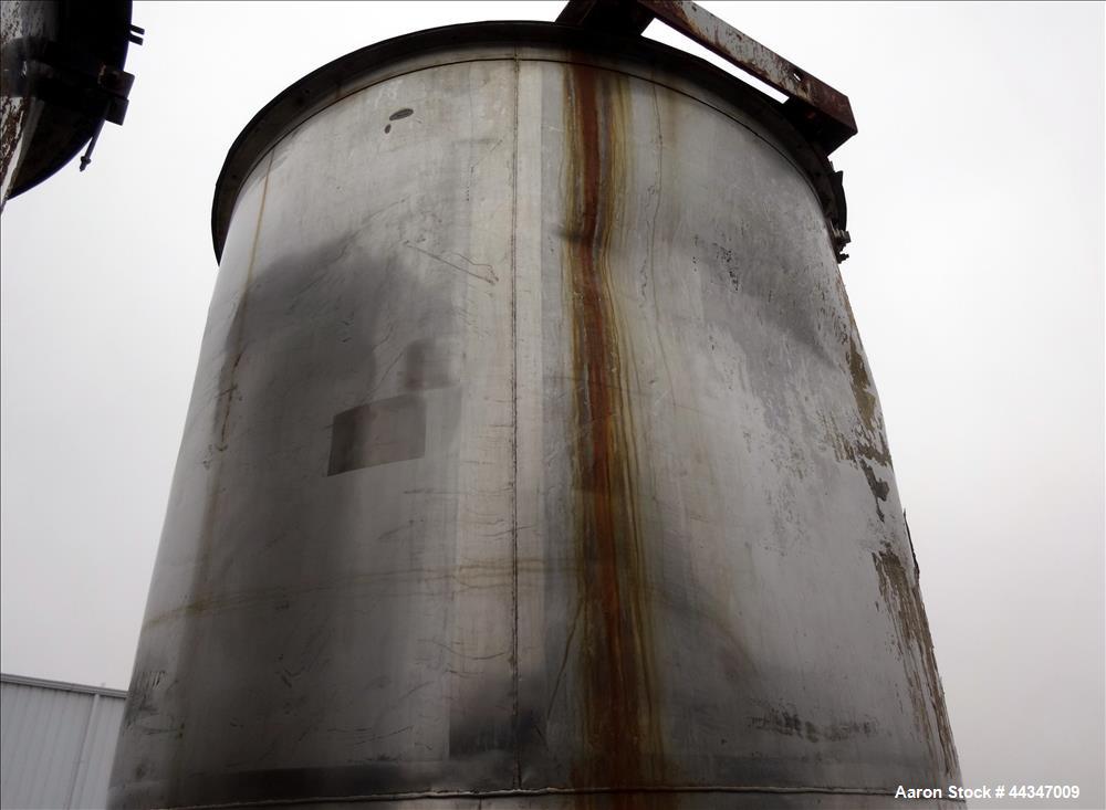 Used United Utensils Tank, 1500 Gallon, 304 Stainless Steel, Vertical. Approximate 67" diameter x 100" straight side. Open top with hinged cover, coned bottom. Approximate 3" center bottom outlet, se...